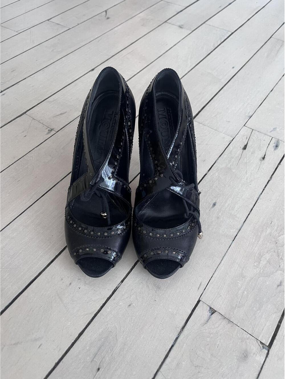 Alexander McQueen Black Studded Peep Toe Lace-Up High Heel Pumps